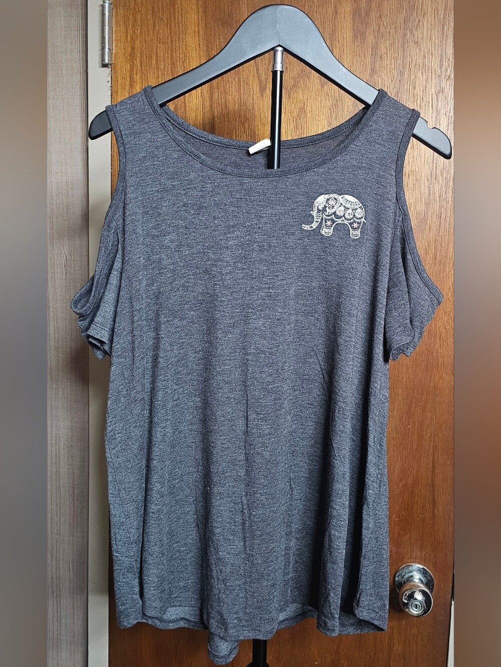 Darling Blue Charcoal Cold-Shoulder Top with Decorative White Elephant